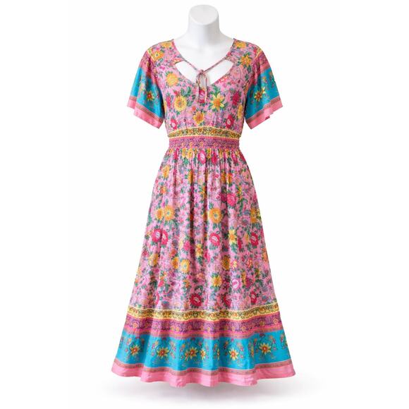 Beachsissi Dresses & Skirts - Women's Boho Floral Dress Medium Pink Blue, Tie at V-Neck - Elastic Waist Spring